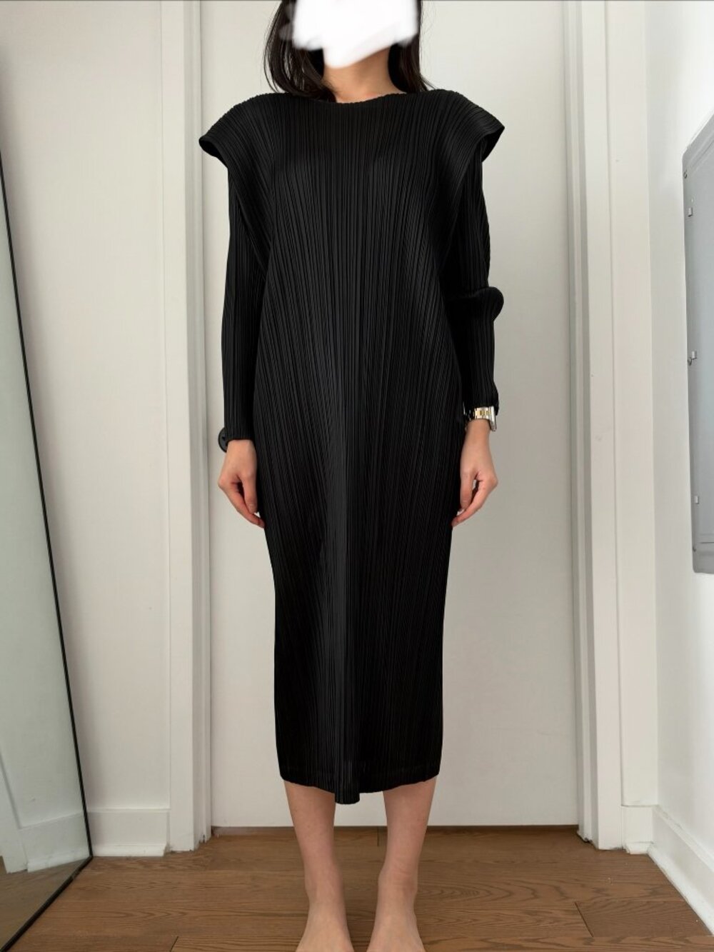 ISSEY MIYAKE PLEATS PLEASE Box Shoulder Black Midi Dress